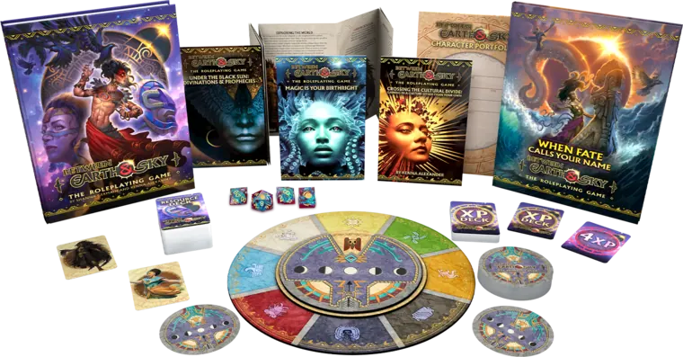 The Between Earth and Sky corebook, prophecy deck, story clock and dice