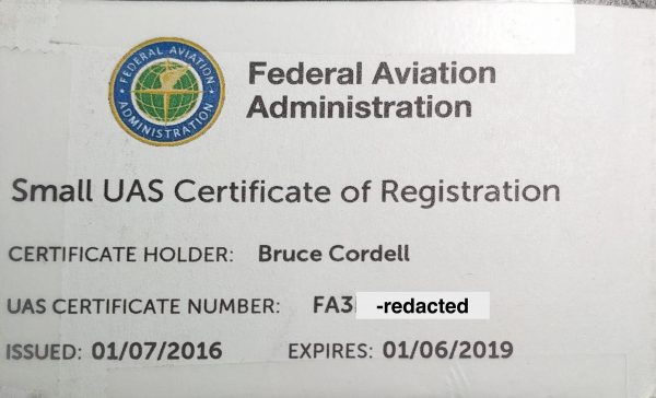 redacted scan of Bruce Cordell's FAA drone license