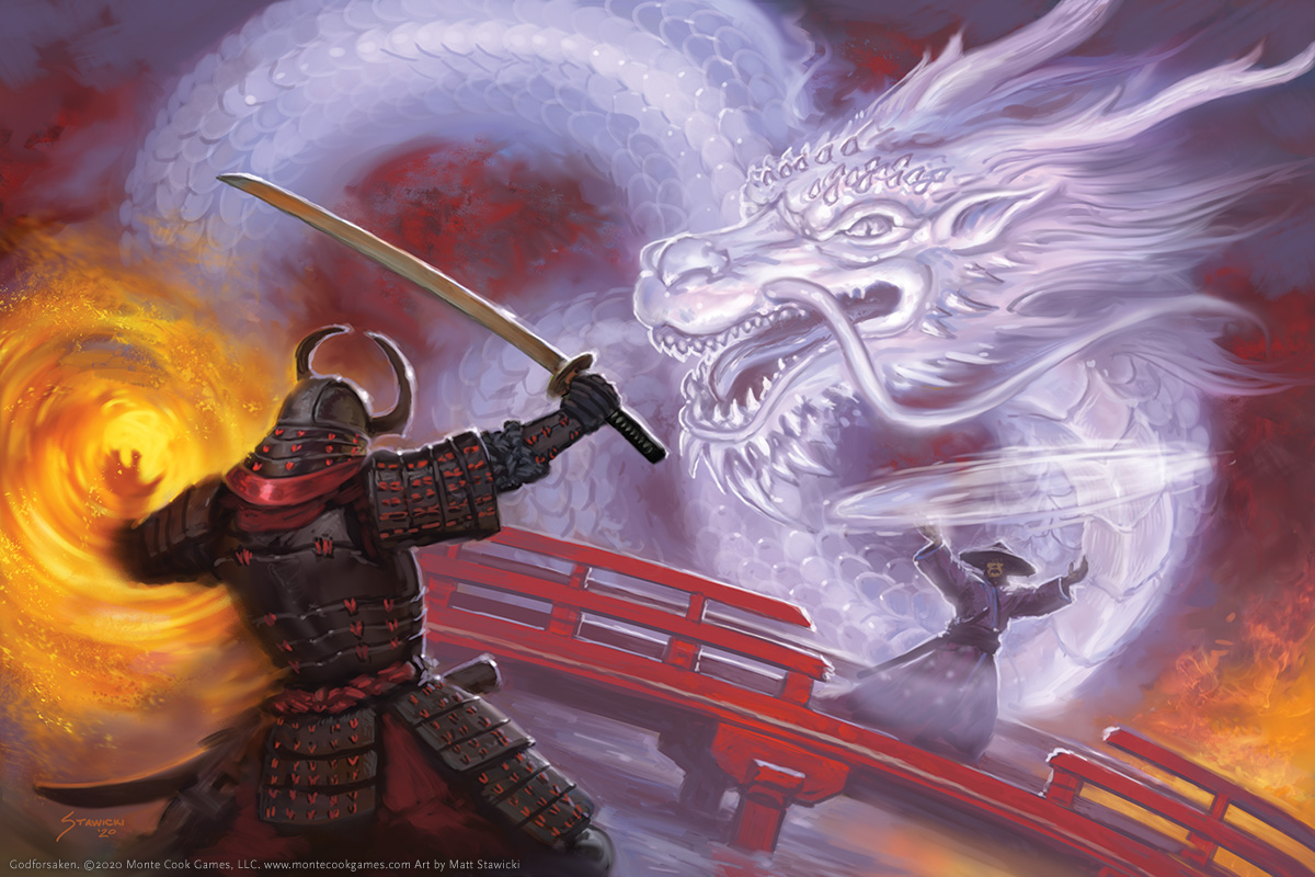 Illustration of two warriors fighting. Art by Matt Stawicki.