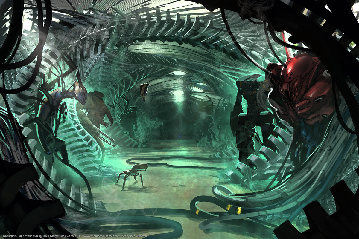 A strange green corridor of almost biological-looking rib-like structures is lined by foreboding creatures.