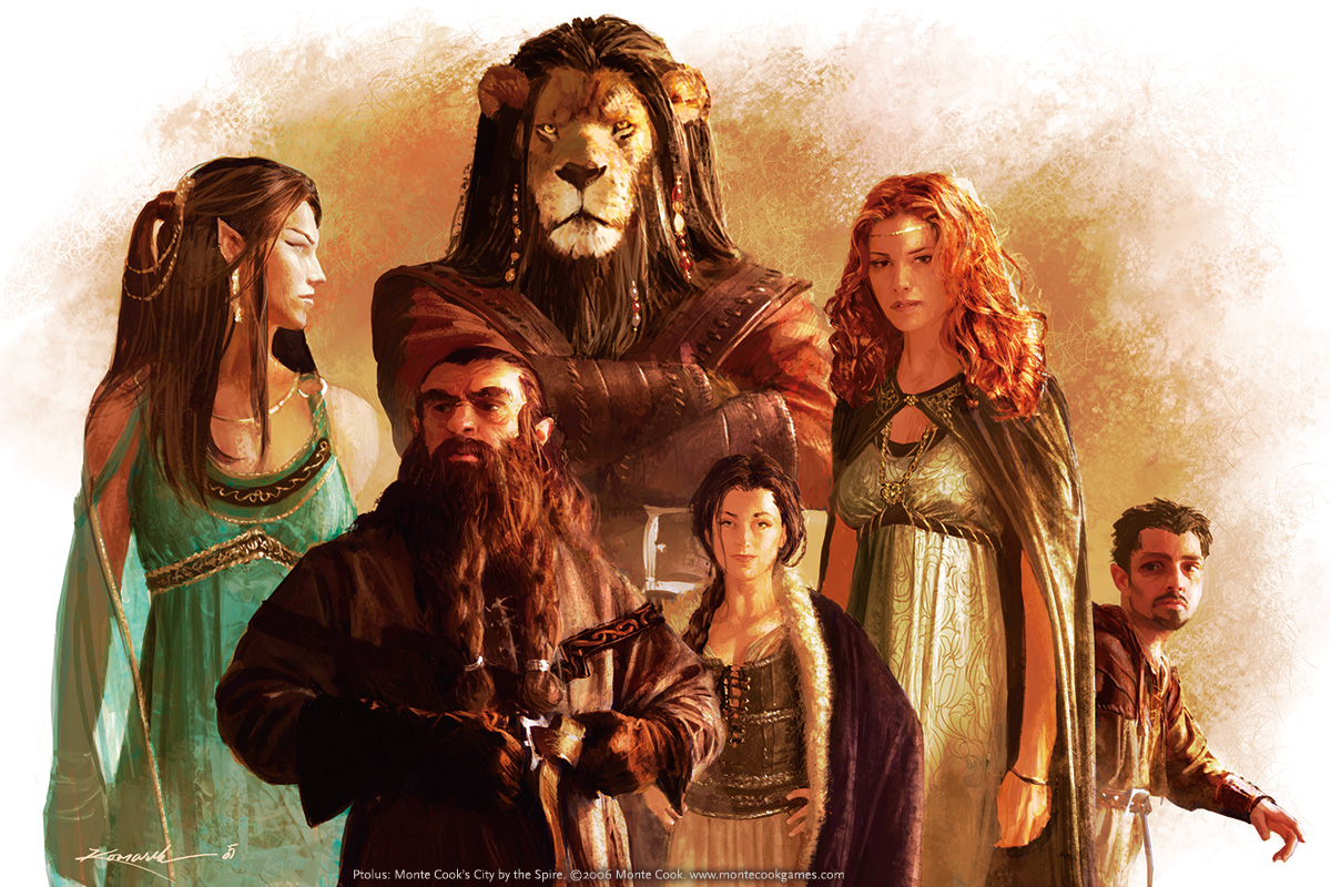 An image representing some species of Ptolus: an elf woman, a dwarf man, a litorian man, two human women, and a halfling man.