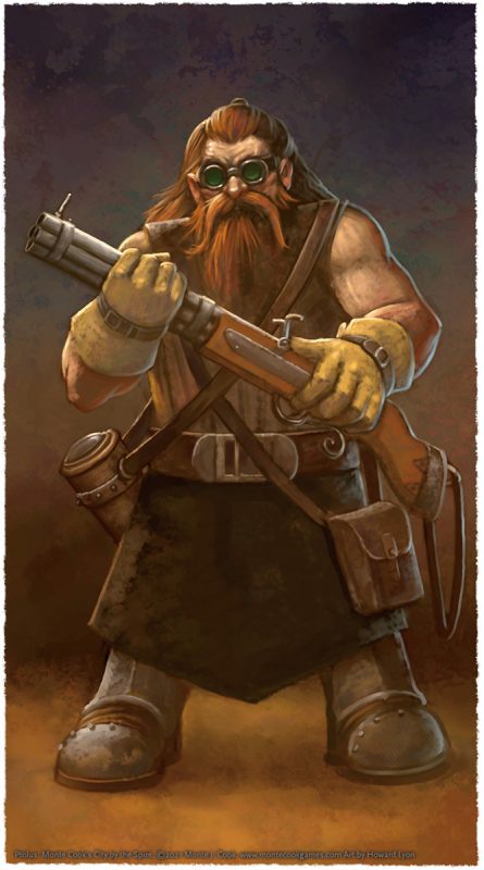 A dwarf carrying a firearm.