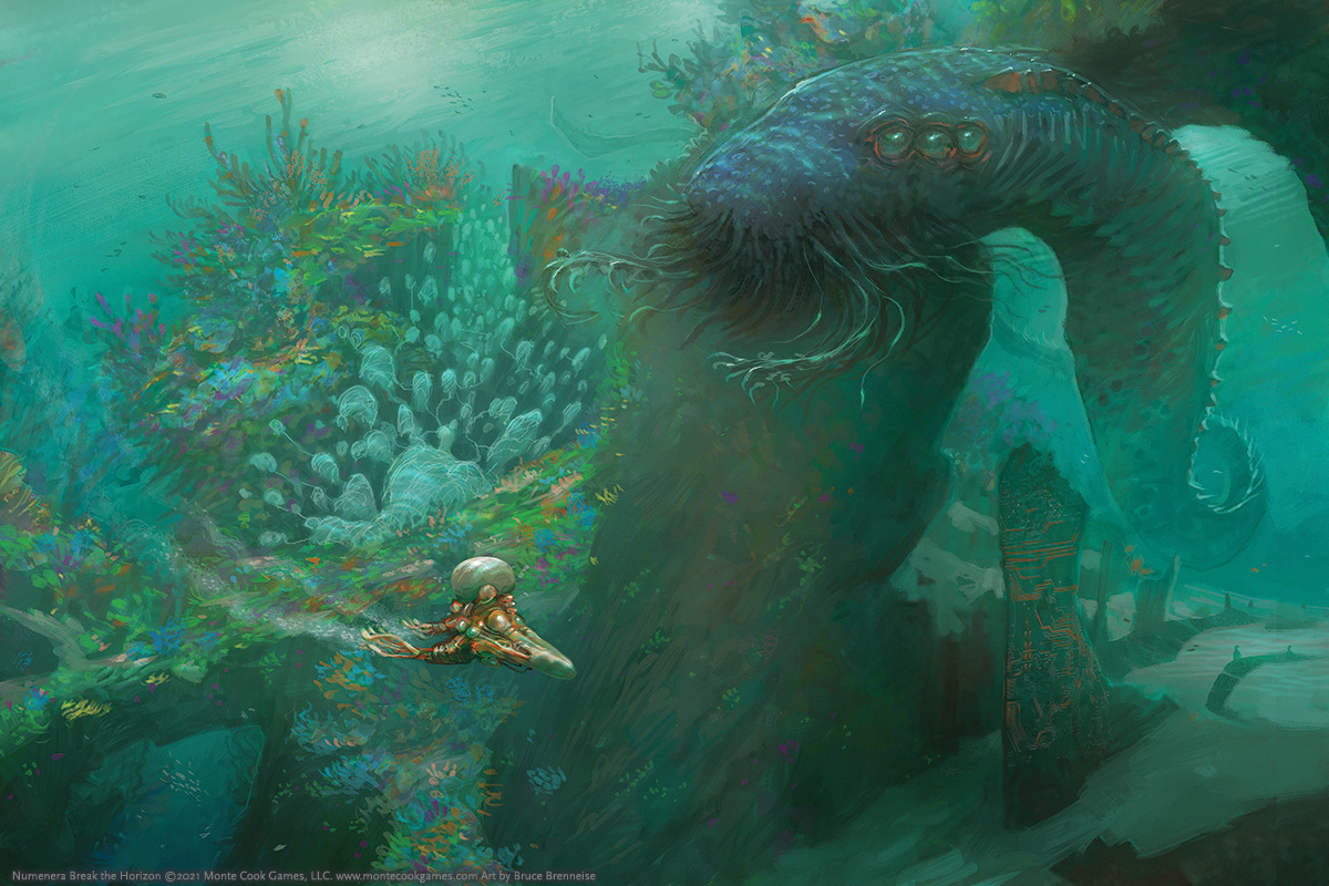 An image of a huge underwater Ninth World creature menacingly staring at a small, undersea vessel. 